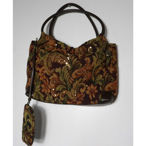 Paradox Tapestry Purse Shoulder Bag Brown Floral Sequins Woven Double Handle